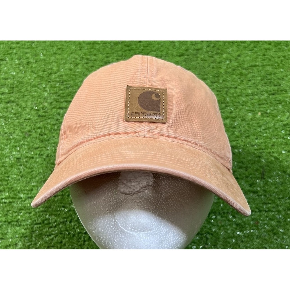 Carhartt Hat Cap Strap Back Faded Orange‎ Canvas Leather Patch Workwear Baseball
